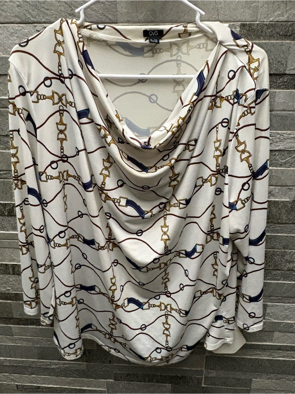 Cowl Neck Chain-Print top - Cream with Navy & Gold Accents